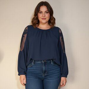 Chico s Black Label Mixed Blouse Navy Blue Button Sheer Top